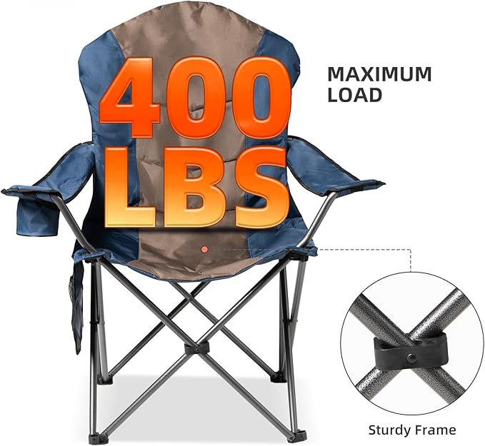 2 Pack Folding Camping Chairs for Adults - High Back Padded Portable Outdoor Lawn Chairs 400lbs Capacity, Adjustable Armrests - Lightweight Camp Chairs Set (Blue & Brown)