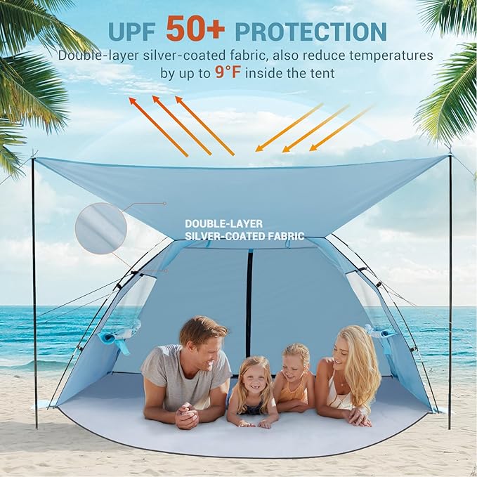 Elegear CumbreX™ Beach Tent Sun Shelter with Canopy, 4-5 Person Pop Up Beach Tent, Easy Setup UPF 50+ UV Protection Portable Lightweight Double Silver Coating Beach Cabana Sun Shade Shelter - Sky Blue