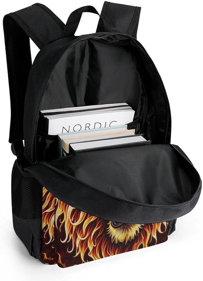Polyester Daypack Bookbag for Gym Business Bicycle, Large Capacity Multipurpose Anti-Theft Carry On Bag, Fierce Wild Animal Angry Fire Travel Hiking Daypack