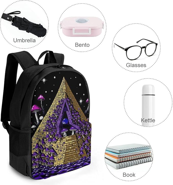 Men Women Polyester Trippy Magic Pyramid Mushrooms Universe Art Daypack Big Capacity Shoulder Bag With Smooth Zippers for Hiking Work Walking Cycling