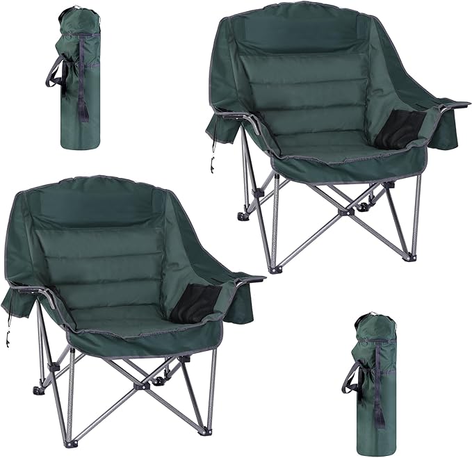 Camping Chair, Padded Camping Chair Cushioned Extra Wide, Lounge Patio Chair for Adults, Heavy-Duty 400Lbs with Cooler, Cup Holder, and Carry Bag (Green, 2-Pack)