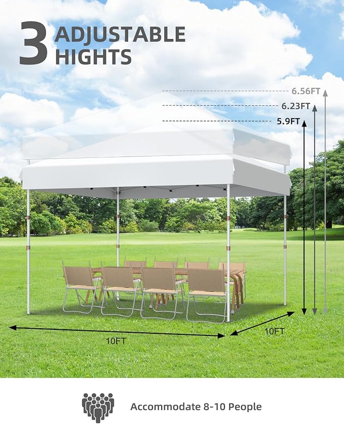 10x10 Pop Up Canopy Tent Outdoor Canopy with No Removable Sidewall One-Person Set Up Heavy Duty Commercial Instant Tent Shelter-White