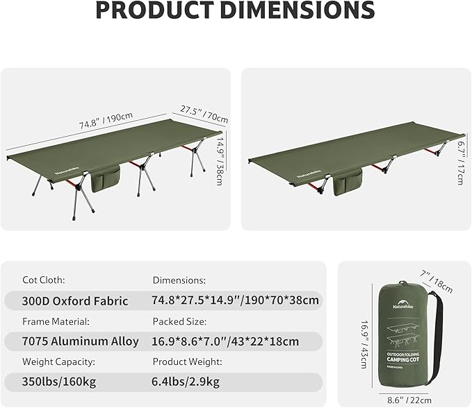 Naturehike ArmyWild Folding Camping Cot, Height Adjustable Ultralight Backpacking Cot, Portable Camping Bed for Camping Hiking Travel Home
