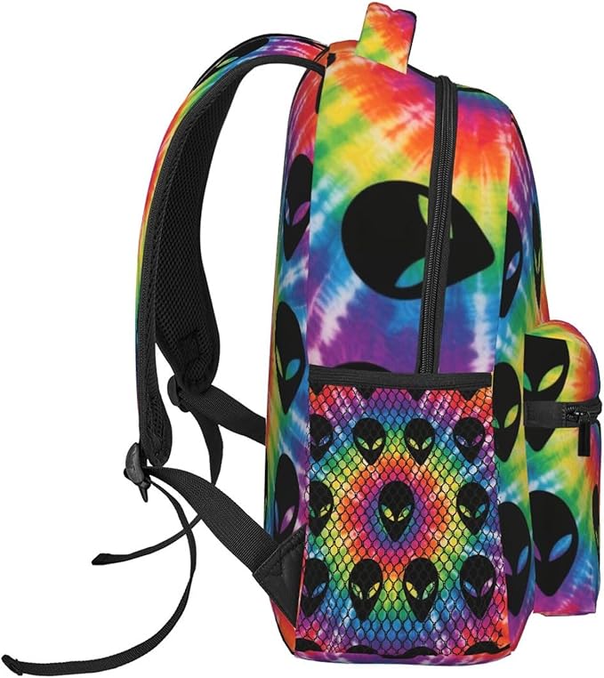Men Women Polyester Tie Dye Alien Daypack Backpack Large Capacity Carry On Bag With Smooth Zippers for Hiking Picnic Walking Cycling