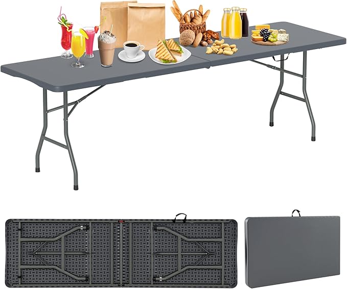 Folding Table, HDPE Portable Table with 8 ft Long Tabletop, Metal Frame Picnic Camping Table with Safe Lock, Collapsible Dining Table for Camping, Picnic, Party (Gray, 8 FT)