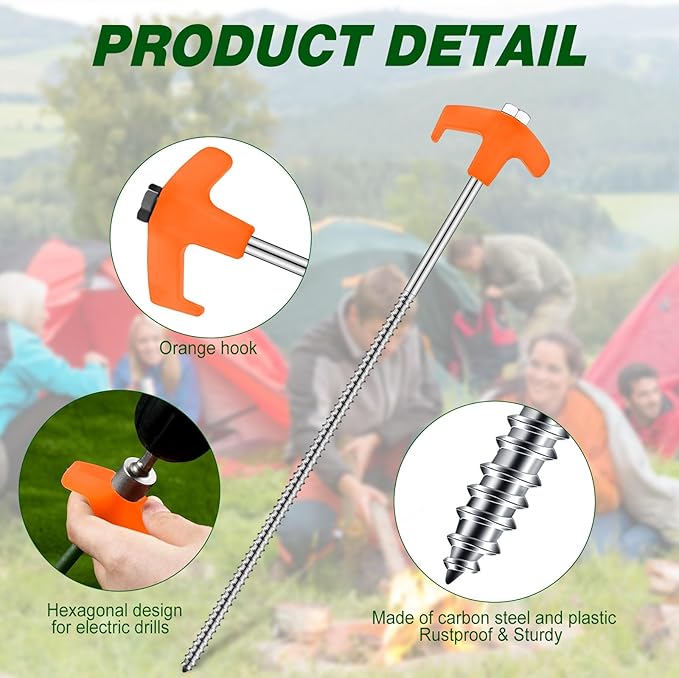 Hicarer 20 Pcs 12 Inch Tent Stakes Screw in Camping Stakes Heavy Duty Metal Spikes Ground Anchor Peg Threaded Tent Spikes with Hex Head Driver for Camping Garden Inflatable (Orange)