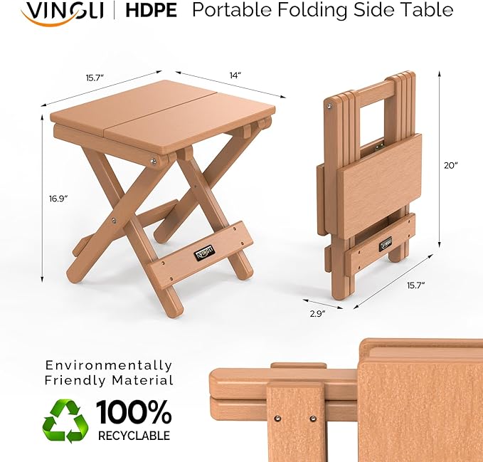 VINGLI Small HDPE Folding Side Table, Plastic Waterproof Portable Adirondack Coffee End Tables, All Weather for Patio, Backyard, Pool, Indoor Use, Teak