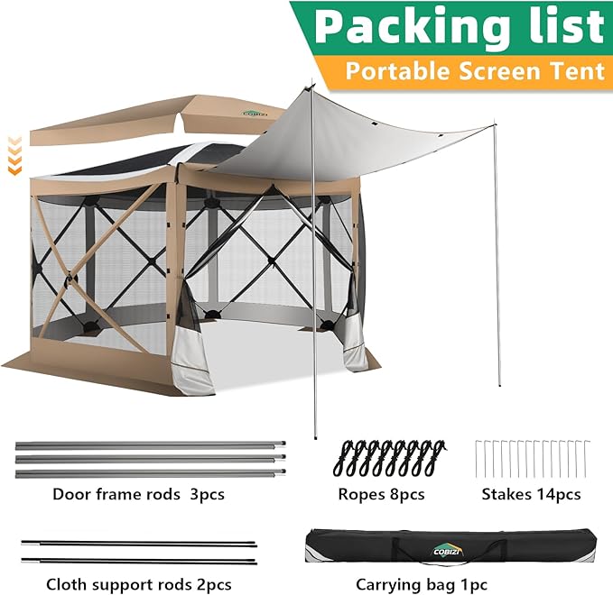 COBIZI 12x12FT Pop Up Gazebo Screen Tent Screen House for Camping, Camping Outdoor Screened Gazebo with Sidewalls, Hub Tent Instant Screened Canopy with Carrying Bag and Ground Stakes, khaki(Upgraded)