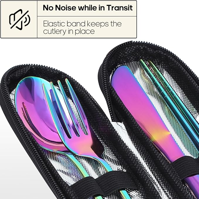 Travel Utensils with Case, Quatish Portable Silverware Set for Work, Stainless Steel Reusable Travel Cutlery Set, Fork and Spoon Set for Camping, Picnic, Gadgets, Lunch Box for Men, Rainbow