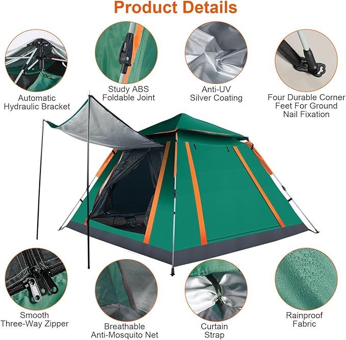 4-6 Person Pop-Up Camping Tent, Portable Instant Setup Family Tent with 2 Windows, for Hiking, Backpacking & Outdoor Adventures, Waterproof & Windproof