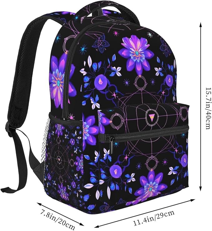 Adults Lightweight Magical Symbols And Flowers Art Rucksacks Large Capacity Bookbag With Adjustable Shoulder Straps for Trekking Outdoors Bicycle