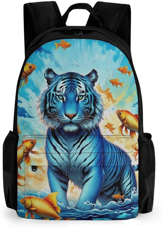 Daypack Backpack Anti-Theft Multipurpose Big Capacity Bookbag, Trippy Tiger Goldfish Business Computer Bag With Side Pockets
