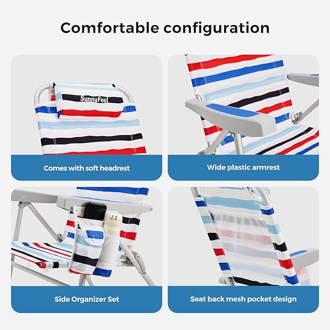 SUNNYFEEL Portable Beach Chair, High Back Folding Beach Chair, Lightweight Camp Chair with Reclining Position, Backpack Lounger for Beach, Camping, Lawn, Outdoor, Red Blue White Striped, 2 Pack