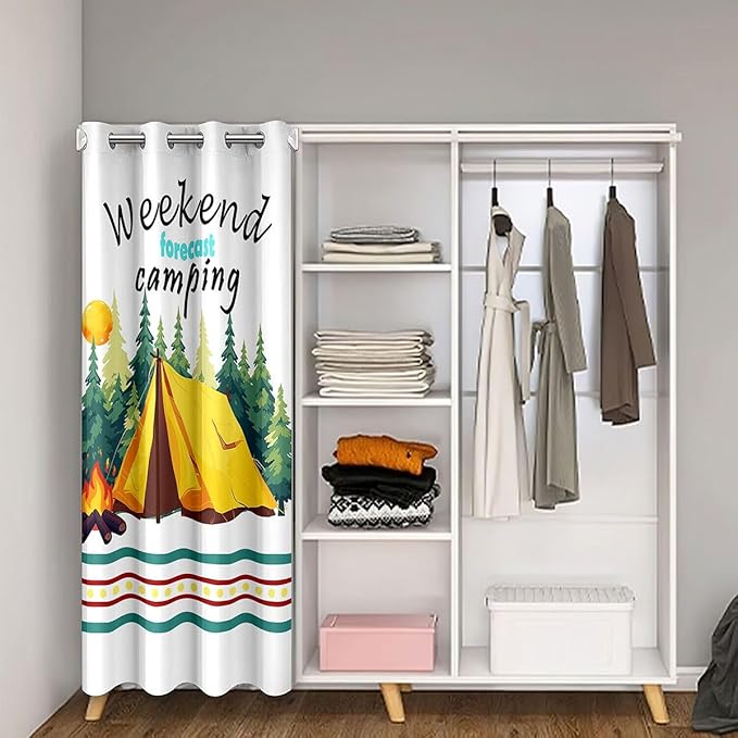 Happy Camping Adventure Door Curtain,Tent Bonfire Campfire Pine Nature Blackout Curtain,RV Camper Trailer Summer Bedroom Doorway Living Room Decor,Rustic Green Privacy Door Drape 1 Panel,60" W X 80" L
