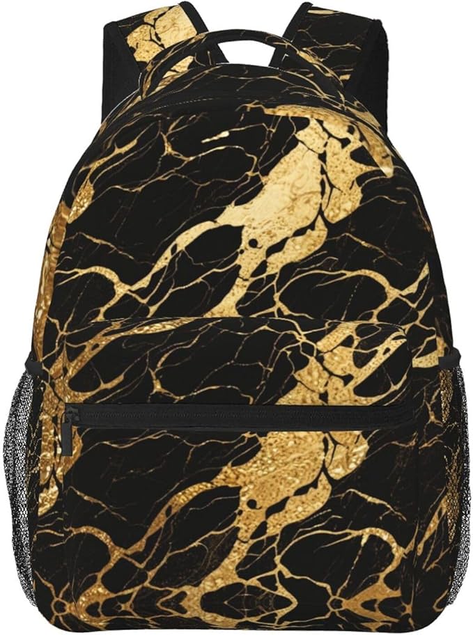 Men Women Lightweight Black Marble Gold Texture Art Casual Daypack Large Capacity Bookbag With Adjustable Shoulder Straps for Gym Business Bicycle