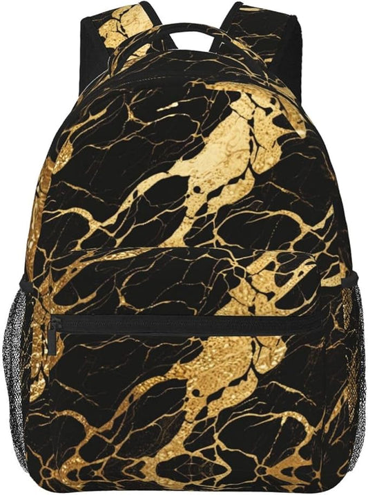 Men Women Lightweight Black Marble Gold Texture Art Casual Daypack Large Capacity Bookbag With Adjustable Shoulder Straps for Gym Business Bicycle