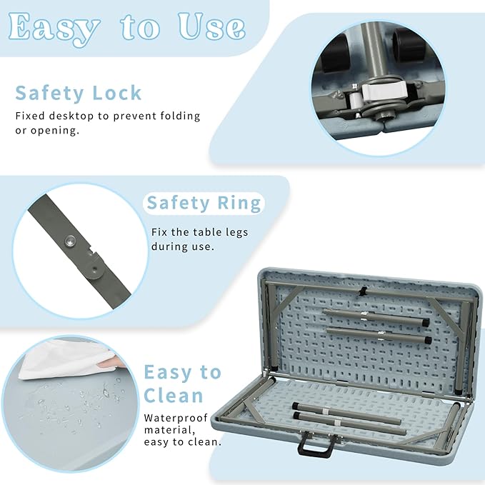 34" Square Folding Table,Multi-Functional Portable Folding Card Table with Carrying Handle for Indoor Outdoor Camping,Picnic, Office, Party Use, HDPE Plastic Tabletop with Metal Frame(Grey)