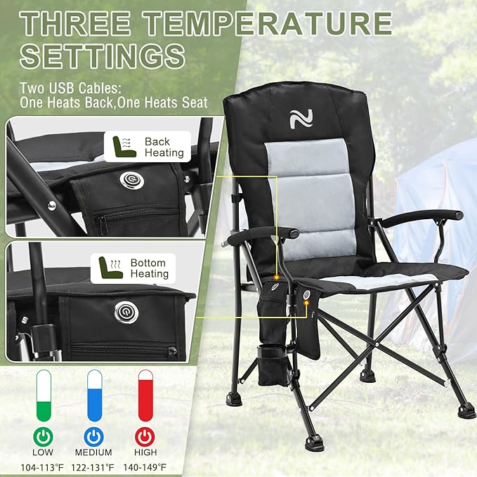 Slsy Heated Camping Chair, Outdoor Portable Heated Folding Chairs, Heated Camp Chair Seat Supports 500 lbs, Heating Chair for Outdoor Sports, Camping, Patio, and Picnics, Leather Black