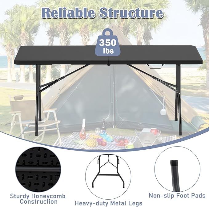Tangkula 6 FT Folding Table, Indoor Outdoor Foldable Plastic Table with HDPE Tabletop, Sturdy Metal Fame, Carrying Handle, Heavy Duty Portable Fold-in-Half Picnic Table for Camping BBQ Party