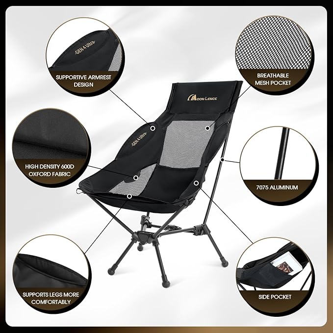MOON LENCE High Back Folding Camping Chair, 330lbs Portable Compact Chair with Wide Seat & Ergonomic Back Support (Black)