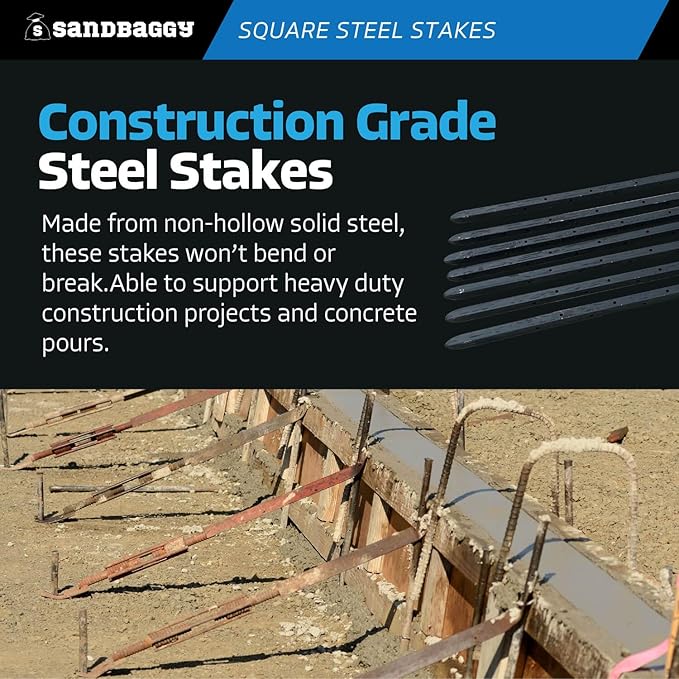 Sandbaggy 18" Square Steel Concrete Form Stakes with Nail Holes - 5/8" Wide - Rust Resistant - Removable/Reusable - Construction Grade Rebar Pins (Square Nail Stakes, 50, Count)