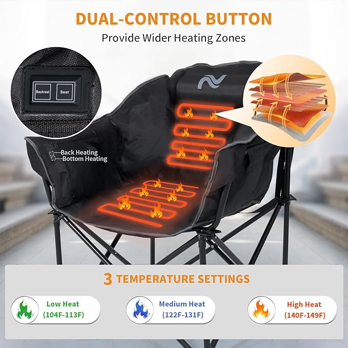 LILYPELLE Oversized Heated Camping Chair, Patio Lounge Chairs with 3 Heat Levels, Portable Folding Heated Chair Round Moon Saucer Folding Lawn Chair Outdoor Chair for Camping, Lounge Patio