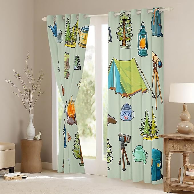 Feelyou Green Camper Theme Blackout Curtains Happy Camping Darkening Drapes for Bedroom Living Room Decor Camper Accessories Thermal Insulated Shades Window Treatments, 2 Panels 38 x 45 Inch