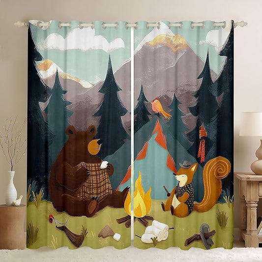Feelyou Happy Camping Blackout Curtains Cute Bear Fox Animal Darkening Drapes for Bedroom Living Room Decor Camper Theme Thermal Insulated Shades Window Treatments, 2 Panels 52 x 84 Inch