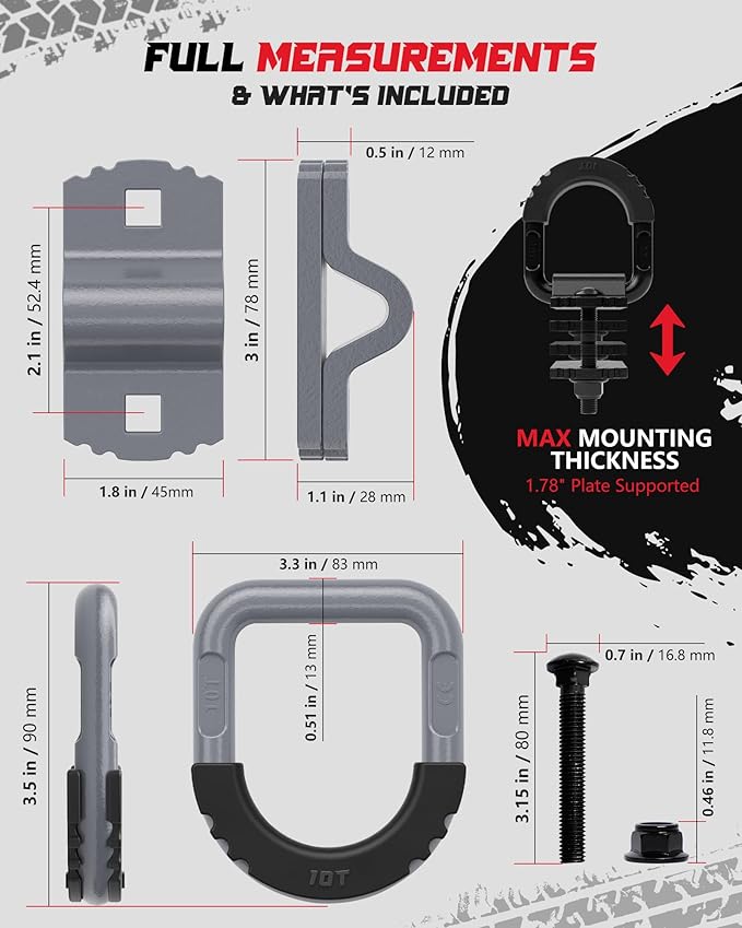 D-Ring Tie Down Anchors with Rubber Isolators, 4 Pack Heavy Duty 10 Ton Capacity Carbon Steel, Bolt-On with Mounting Hardware, Zinc & Powder Coated for Trailer, Truck, Pickup, Garage-Gray