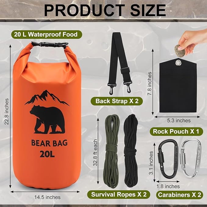 1 Set Bear Bags for Food Backpacking 20L Bear Food Bag Hanging System Bear Proof Food Storage Includes Waterproof Bear Bag, Rock Pouch, Hooks and Nylon Ropes for Camping Hiking (20 L, Orange)
