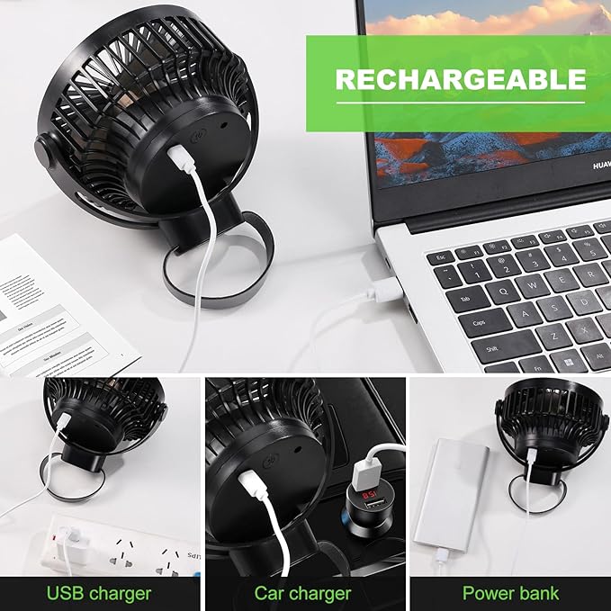 Odoland 10000mAh Camping Rechargeable Fan with Hanging Hook Carabiner, Portable Battery Operated Tent Fan, Quiet Strong Airflow, Outdoor Small USB Desk Fan for Picnic Travel Barbecue Fishing