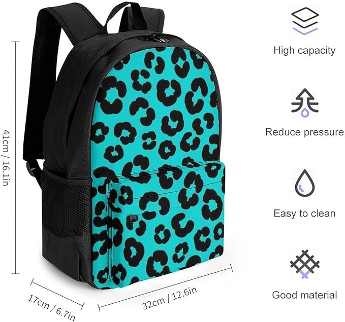 Shoulder Book Bags Anti-Theft Multipurpose Big Capacity Bookbag, Turquoise Green Cheetah Leopard Print Travel Hiking Backpack With Smooth Zippers