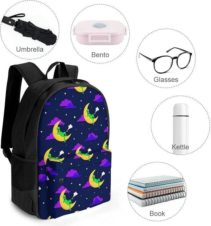 Lightweight Daypack Bookbag for Trekking Business Walking Cycling, Big Capacity Anti-Theft Multipurpose Carry On Bag, Funny Alien Moon Business Computer Bag
