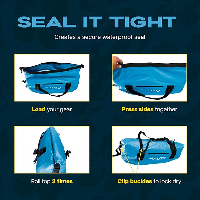 Malo’o Waterproof Dry Duffel, Heavy-Duty Roll Top Waterproof Gear Bag with Shoulder Strap & Molle Loops, Marine Duffel for Kayaking, Boating, Camping, Beach & Travel, Blue, 60L