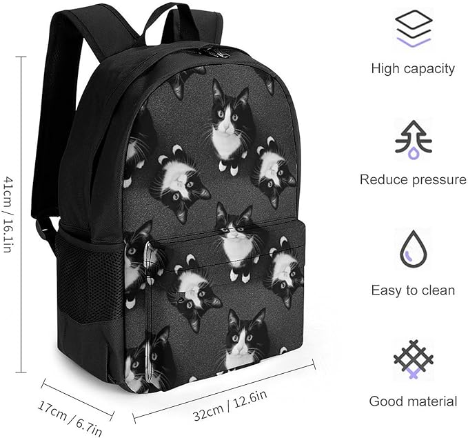 Daypack Backpack Anti-Theft Multipurpose Large Capacity Carry On Bag, Black White Cat Traveling Camping Backpack With Side Pockets