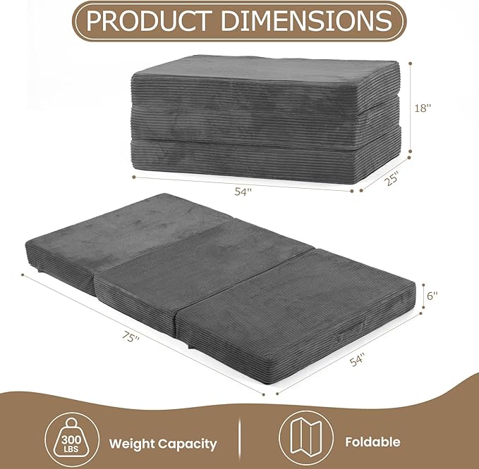 6-Inch Tri-Fold Mattress Full Size - Foldable Futon Sofa Bed with Removable Washable Cover, Folding Memory Foam Futon Mattress | Non-Slip Bottom & Carry Handles for Guest, Camping, Dorm