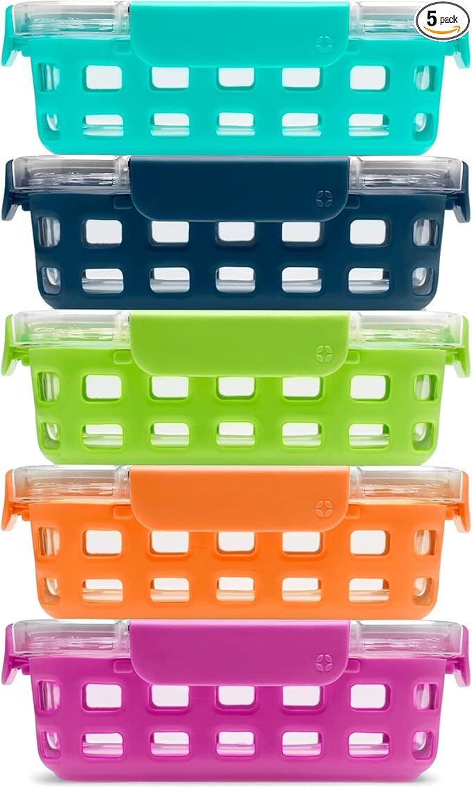 Ello Duraglass 3.4 Cup Meal Prep Sets 10Pc, 5 Pack Set- Glass Food Storage Container with Silicone Sleeve and Airtight BPA-Free Plastic Lids, Dishwasher, Microwave, and Freezer Safe, Fruit Salad