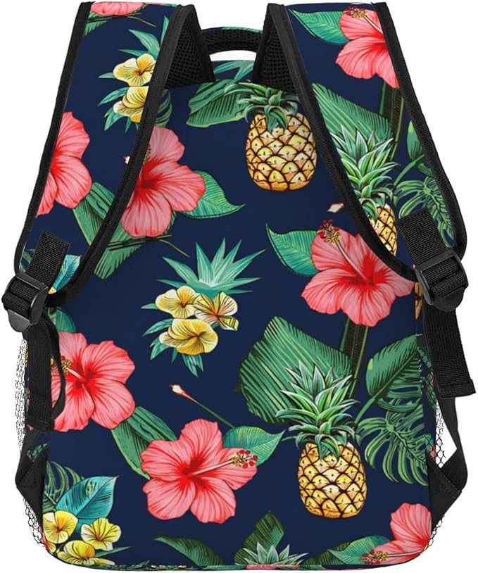 Daypack Polyester Anti-Theft Multipurpose Hawaiian Flower Party Pineapple Art Bookbag Big Capacity Gym Outdoor Hiking Backpack With Adjustable Shoulder Straps