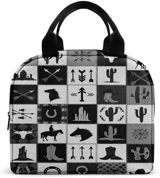 Western Retro Denim Insulated Lunch Bag Bear Deer Bird Nature Landscape Cactus Thermal Tote Portable Size (04)