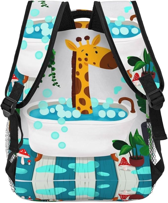 Backpack Polyester Anti-Theft Multipurpose Cute Bathtub Giraffe Art Bookbag Large Capacity Laptop Book Bag Rucksack With Side Pockets
