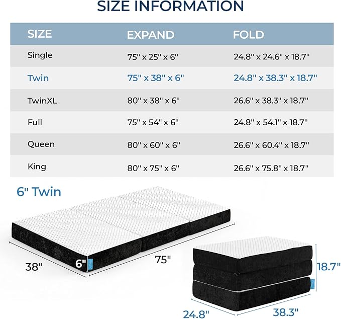 Odorless Foldable Mattress Twin Size 75" x 38" x 6", 6 Inch Folding Foam Mattress with Storage Bag, Fiberglass Free Trifold Memory Foam Mattress for RV, Guest Bed