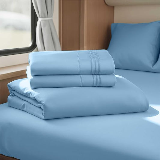 Hearth & Harbor Short Queen Sheets for RV, Blue Heaven RV Queen Sheets, Silky Soft 1800 Microfiber Bed Sheet for Camper, 4 Piece RV Bedding with Pillowcases