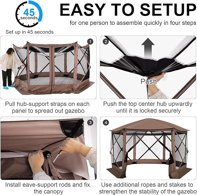 COBIZI Pop Up Gazebo Screen Tent Screen House for Camping, 12x12 Screen Room with Mosquito Netting, Hub Tent Instant Screened Canopy with Carrying Bag and Ground Stakes, Brown