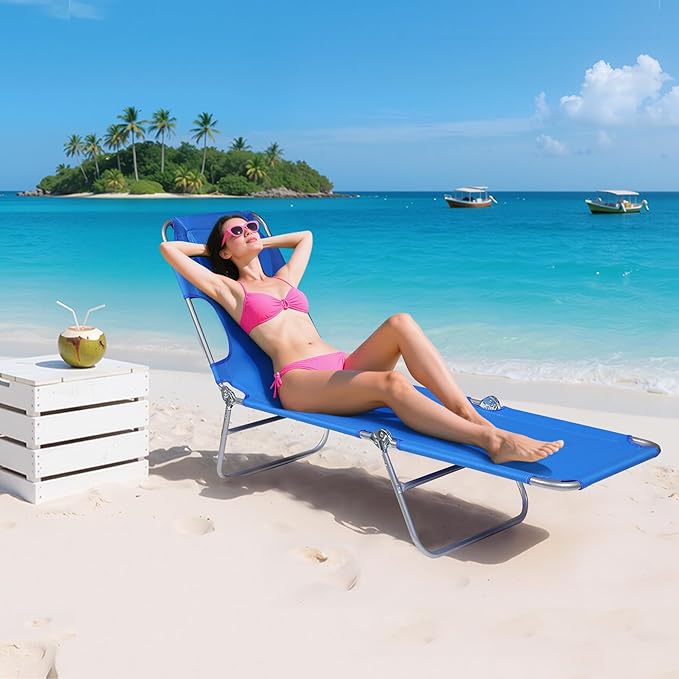 WLIVE Beach Lounge Chair for Adults, 4-Position Folding Tanning Chairs with Face Hole for Outside, 2 Legs Support Portable Outdoor Chair for Beach, Pool, Blue