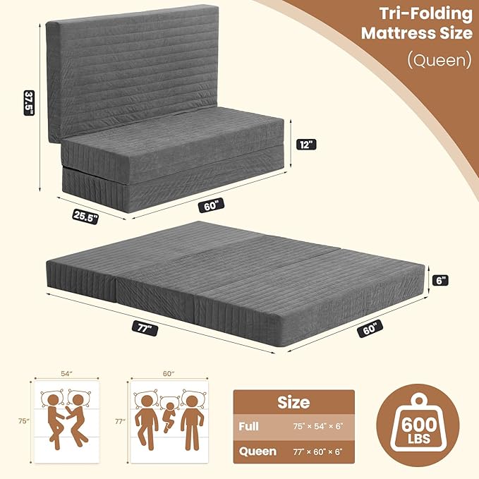 6-Inch Tri-Fold Mattress Queen Size, Covertible Bed Floor Futon Mattress with Handles & Non-Slip Bottom, Foldable Mattress with Removable Tufted for Guest, Camping, Dorm
