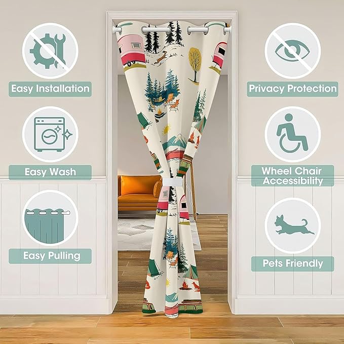 Pink RV Camper Door Curtain For Doorway Privacy Cute Tree Tent Mountain Forest Animal Blackout Curtain Funning Outdoor Boating Camping Door Drape Vintage Cabin Room Decor Window Treatment 52"W x 84"L