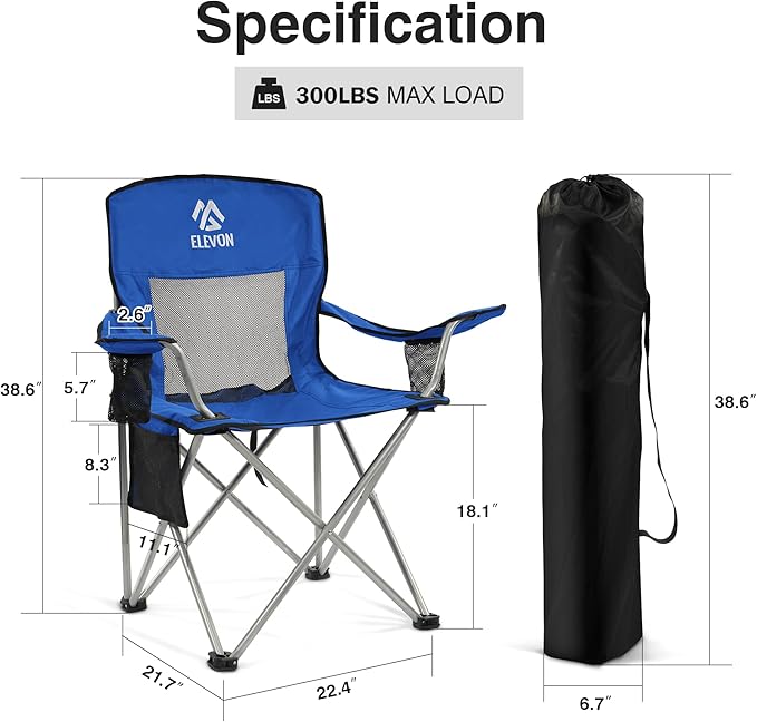 Elevon Folding Camping Chairs, Portable Outdoor Beach Chair for Adults with Carry Bag & Cup Holder, Foldable Lawn Chair with Mesh Backrest for Camp Fishing Hiking Travel Picnic Sports,