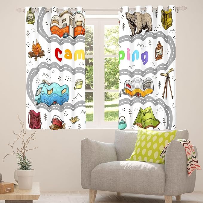 Feelyou Cute Rv Camping Camper Curtains for Bedroom Living Room Wildlife Animal Bear Blackout Shades Camping Adventure Room Darkening Curtain Window Treatments, 2 Panels 42 x 84 Inch Decor