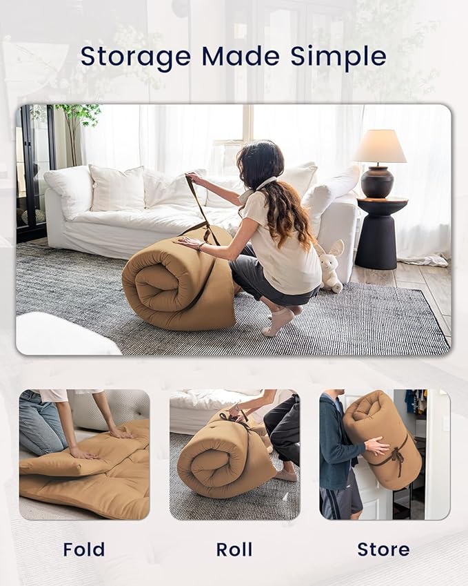ZonLi Japanese Floor Futon Mattress Full Size 75"x 54", 100% Cotton Cover 2.5'' Thicken Tatami Mattress, Foldable Sleeping Pad, Portable Dormitory Tatami Mat(Khaki)
