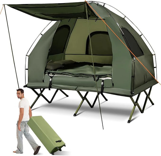 GYMAX Tent Cot, 5-in-1 Folding Camping Cot with Mattress & Pillows, Sleeping Bags, Sunshade, Camping Tent Elevated with Carrying Bag for Outdoor Hiking, Fishing, Picnic